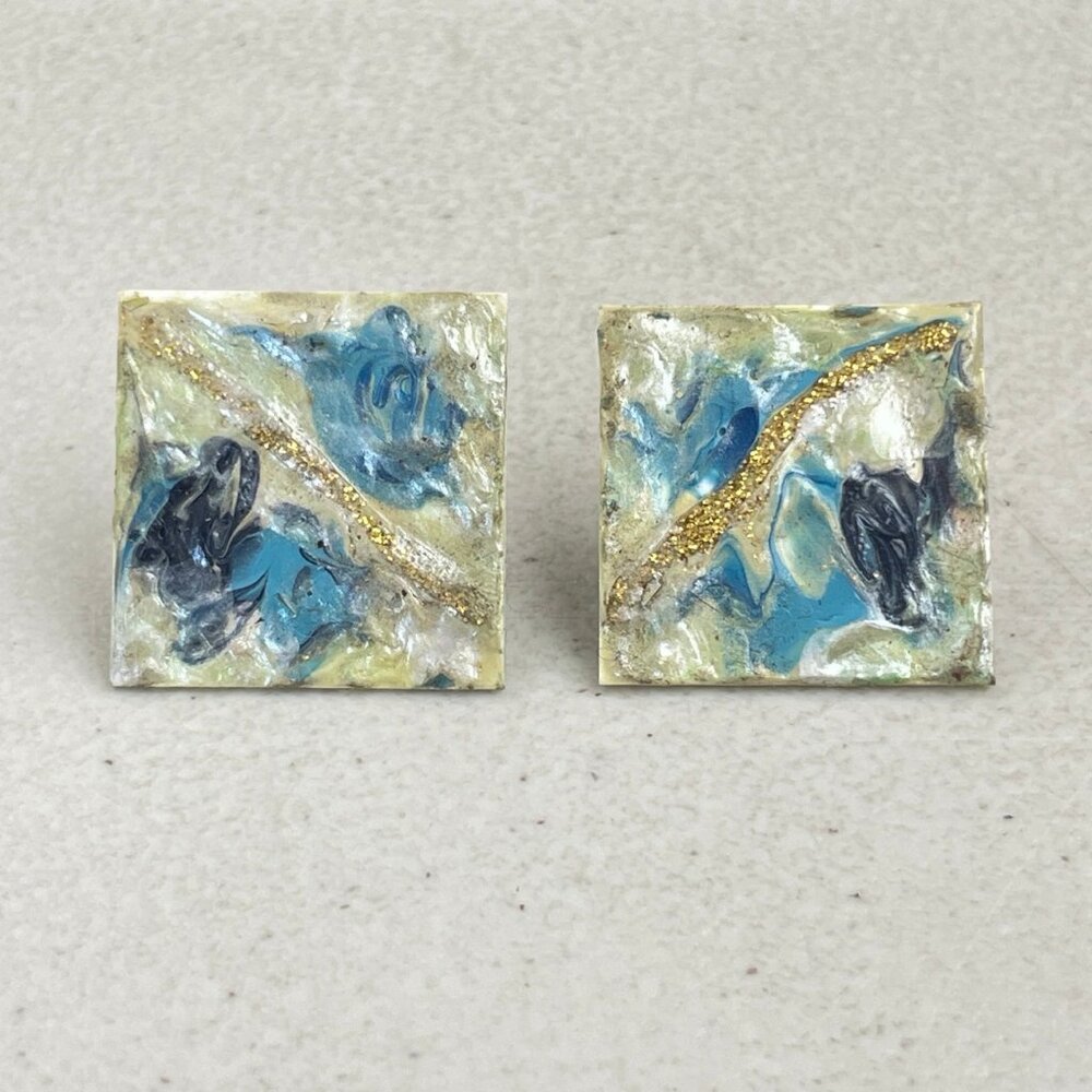 Vintage Earrings Handmade Art to Wear Hand Painted Square Blue Gold White Paper